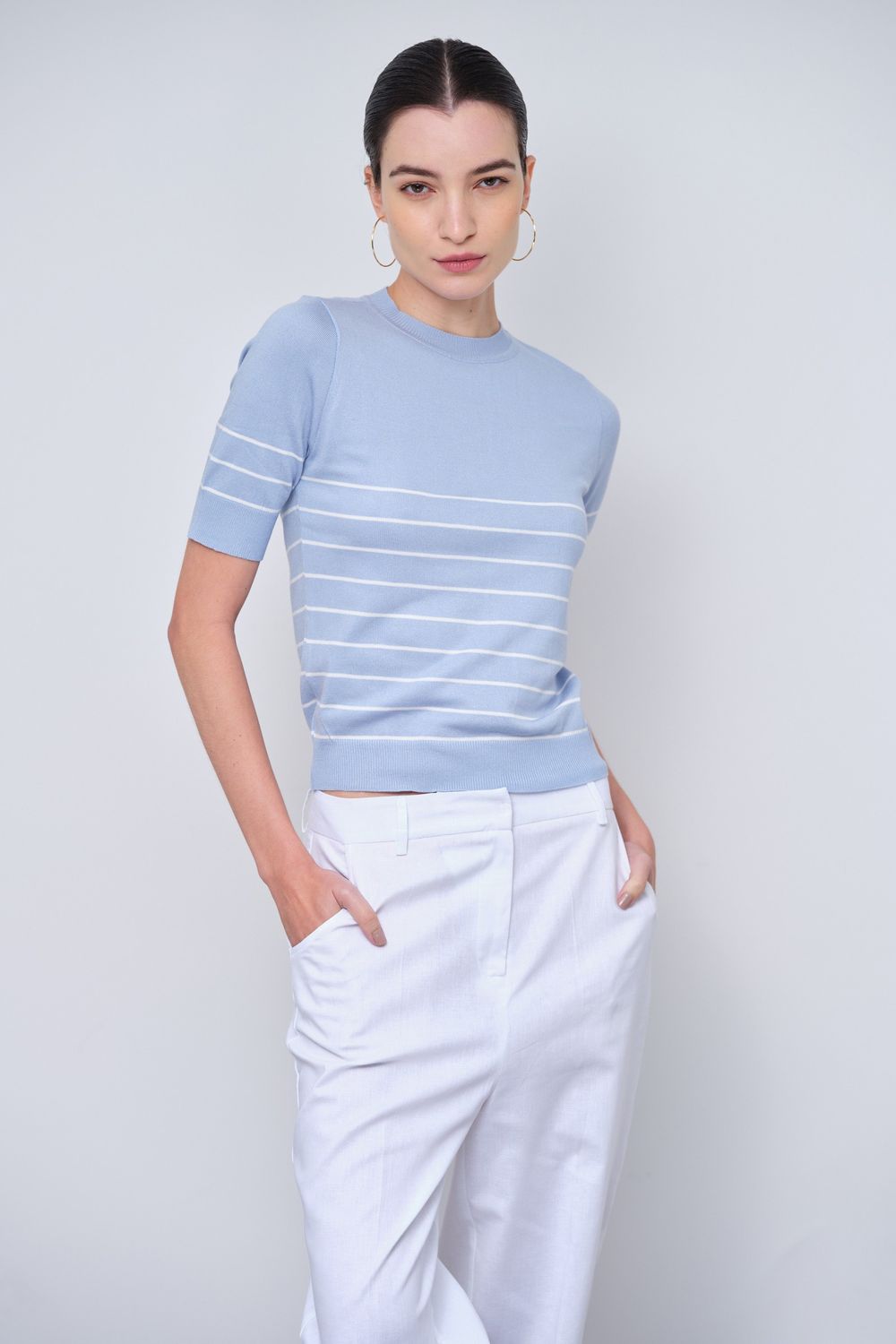 Blusa Trico  Azul Claro Listrada Louisa