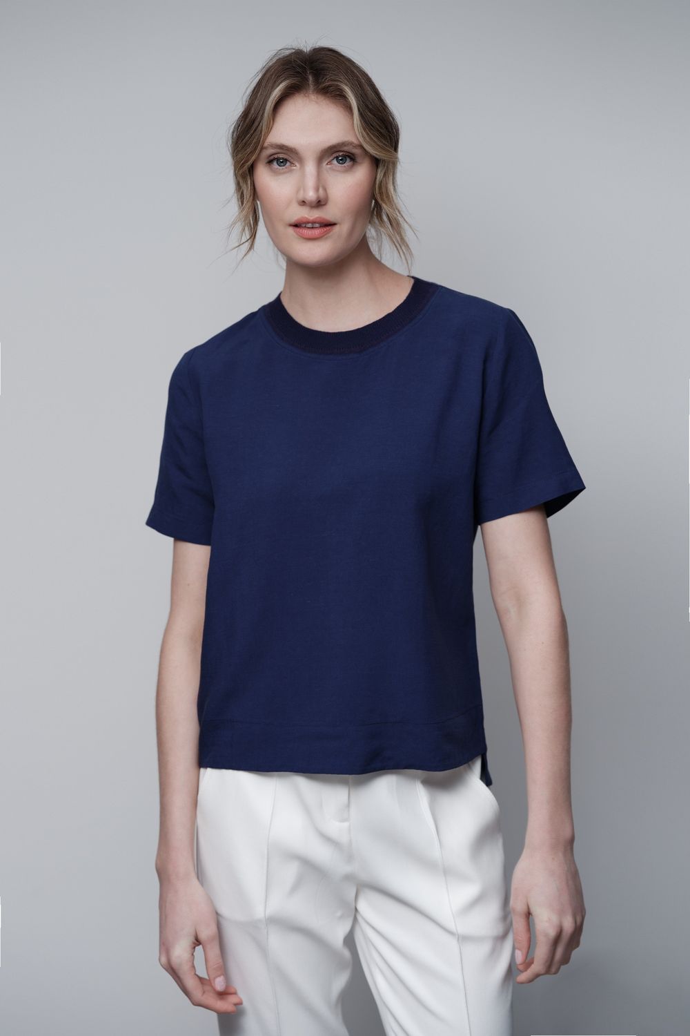 Blusa Linho com Tricot Marinho Isadora
