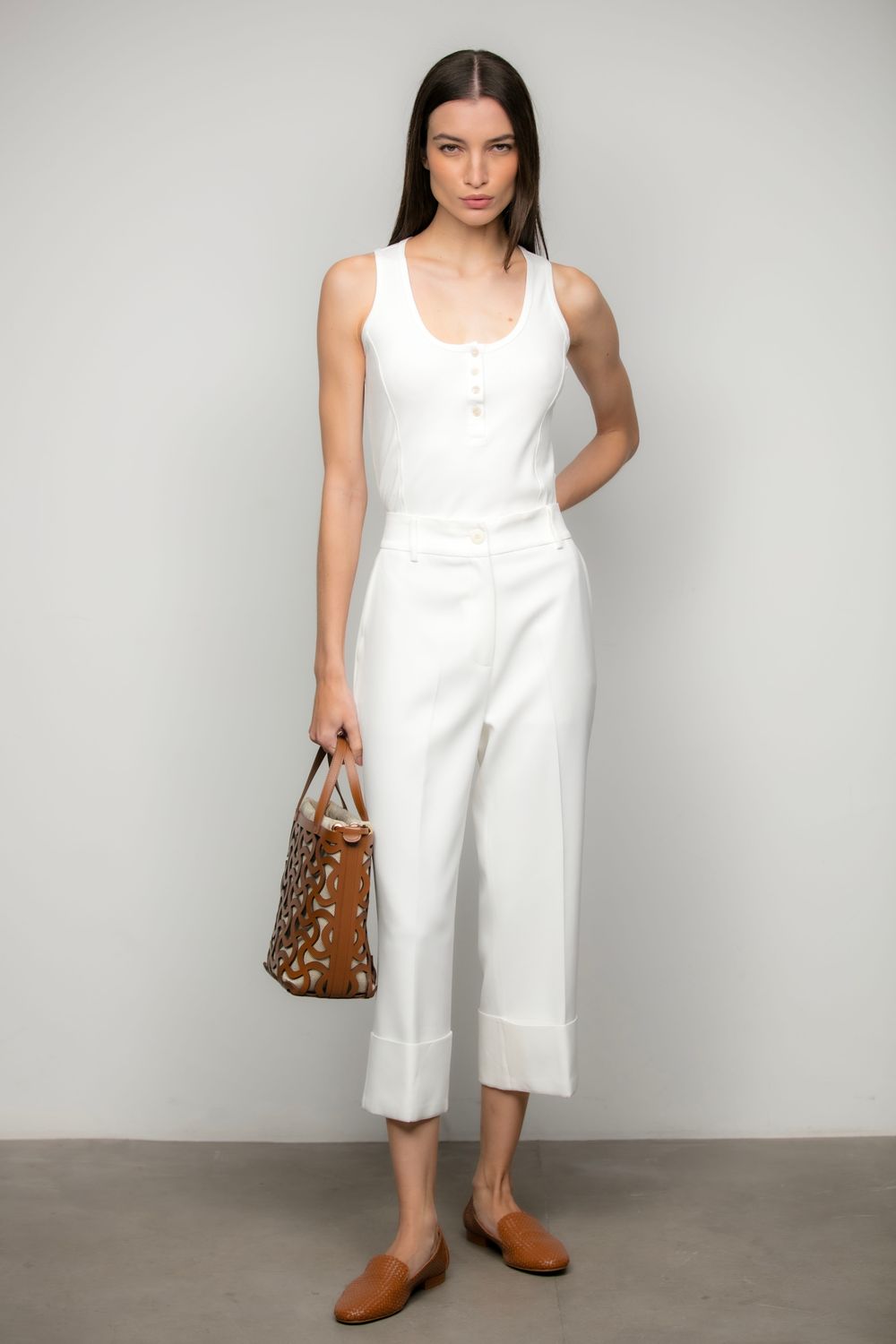 Calça Cropped Crepe Patou Off White Roberta