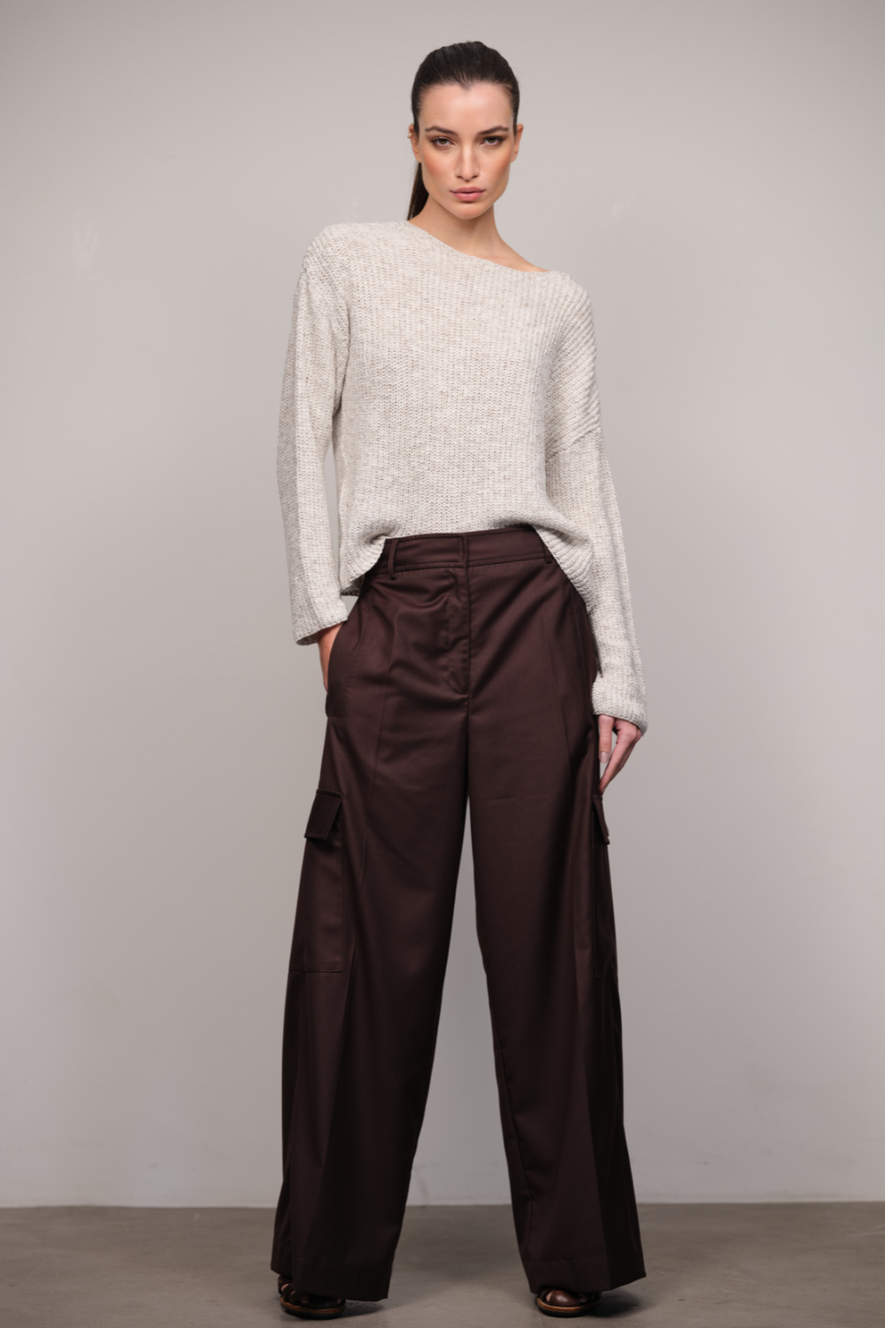 Calça Pantalona Lã Fria Café Liana