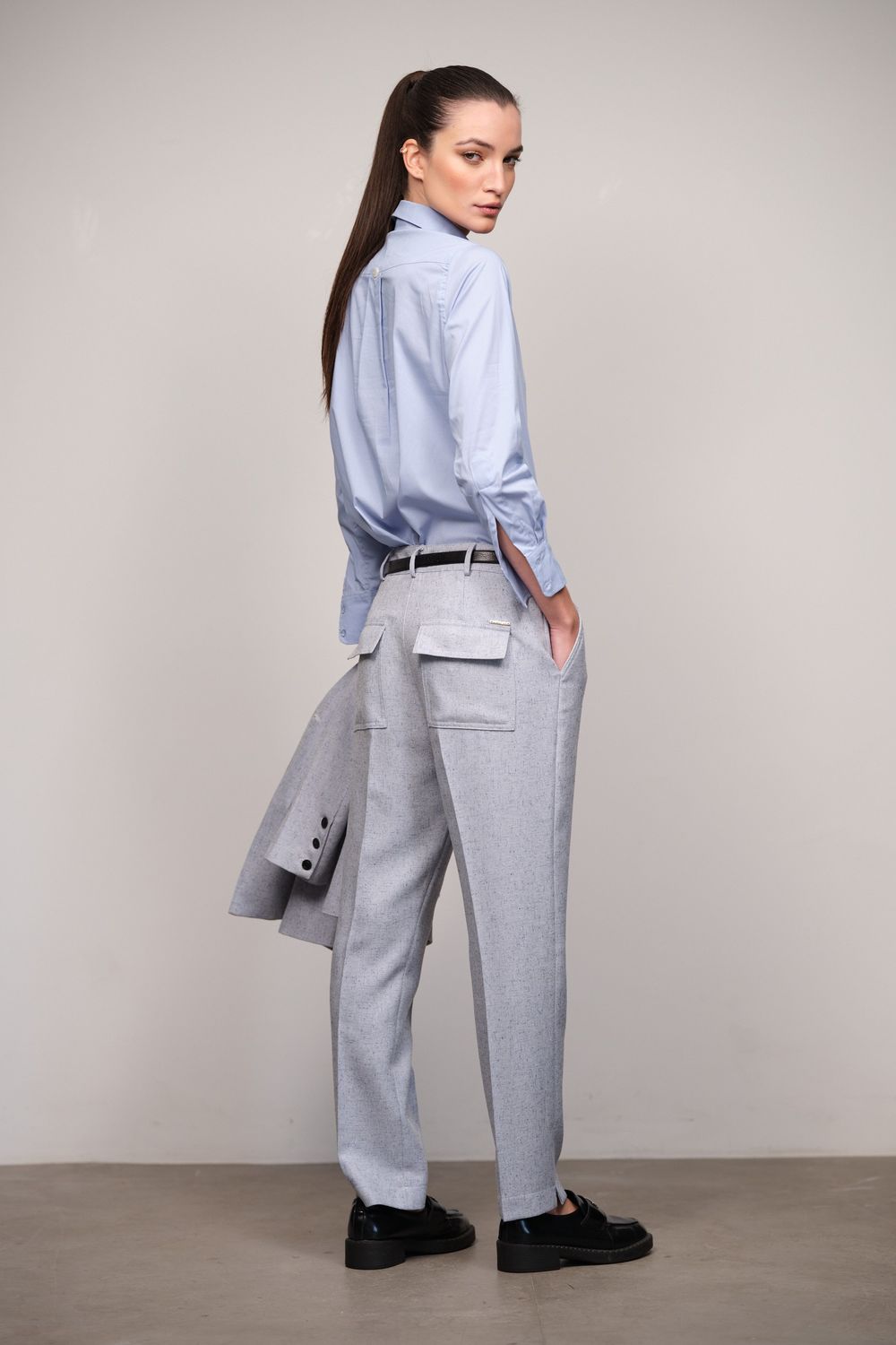 Calça Alfaiataria com Linho Reta Azul Mescla Penelope