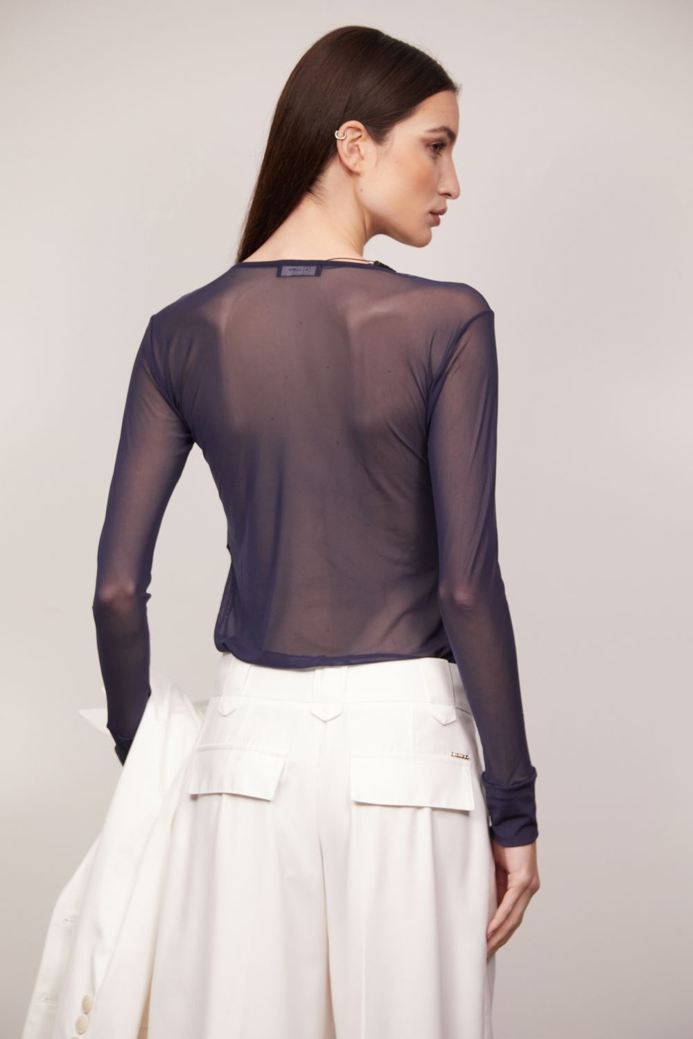 Blusa Tule Manga Longa Marinho Eva