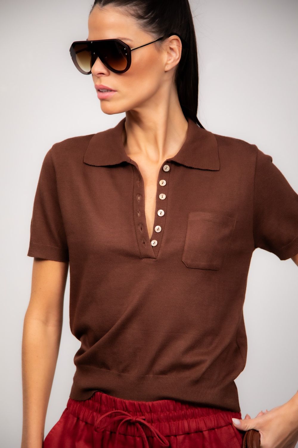Camiseta Polo Tricot Marrom Mel