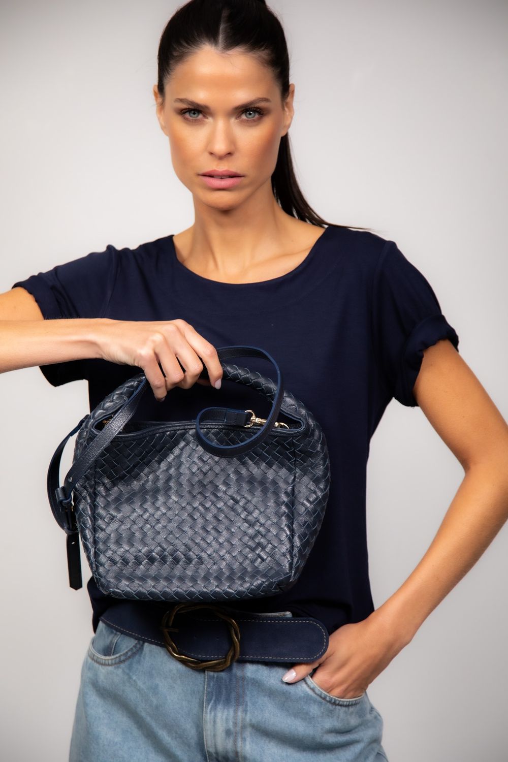 Bolsa Em Couro Tresse Marinho Tania