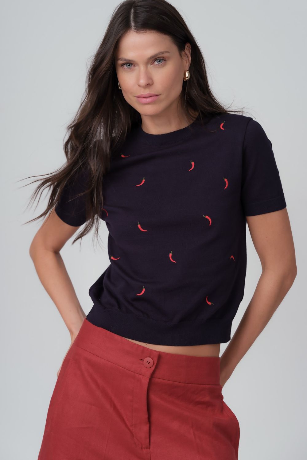 Blusa em Trico Bordado Marinho Patricia