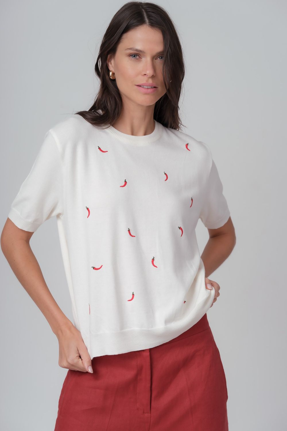 Blusa em Trico Bordado Off White Patricia