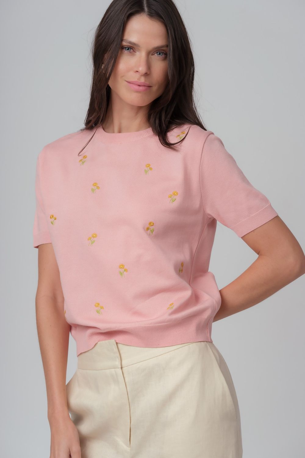Blusa Trico Bordado Rosa Margot