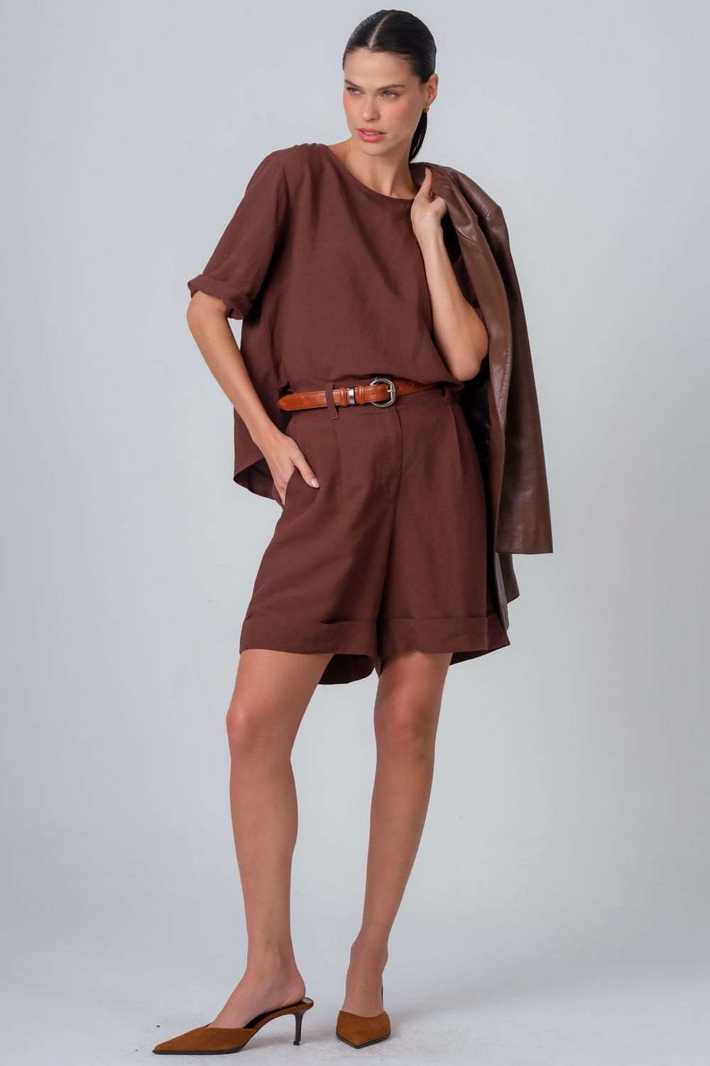 Blusa Linho Marrom Catarine