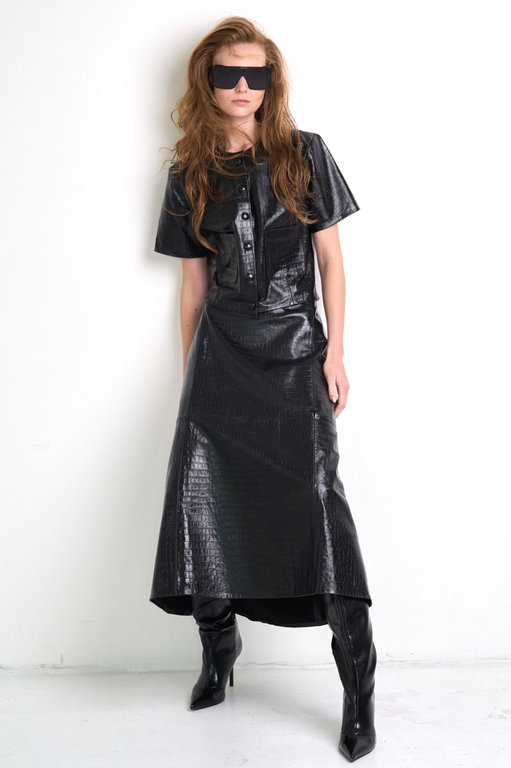 Cropped Couro Pelica Croco Preto Maya
