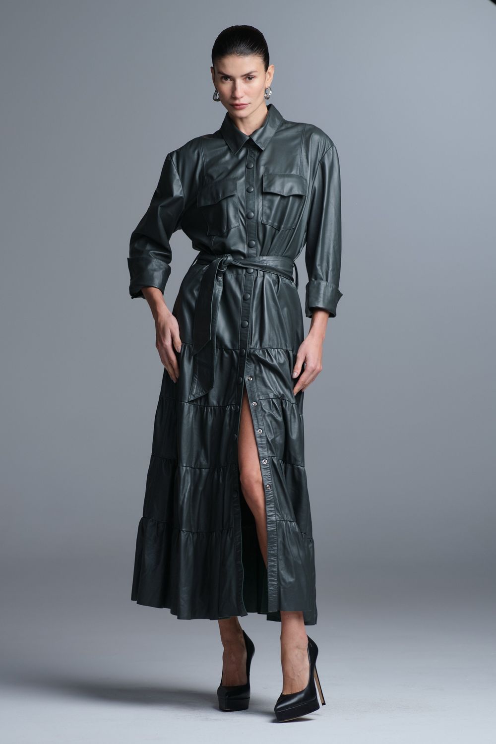 Vestido Pelica Longo Camadas Verde Lavinia