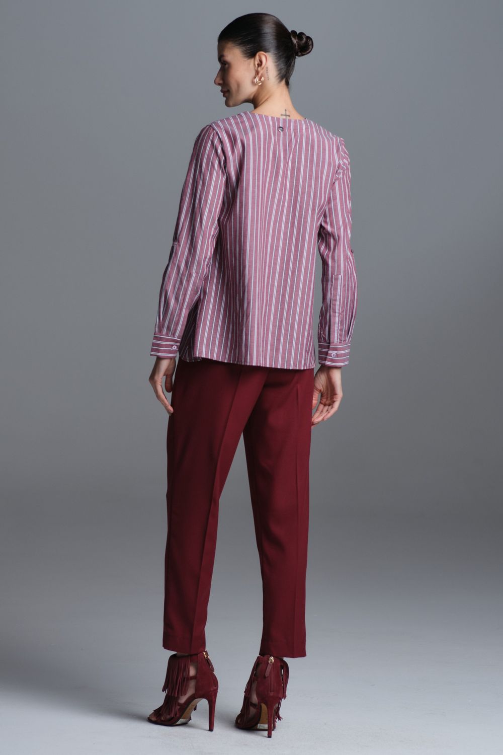 Camisa Ampla Tricoline Listra Vinho Silvia CB