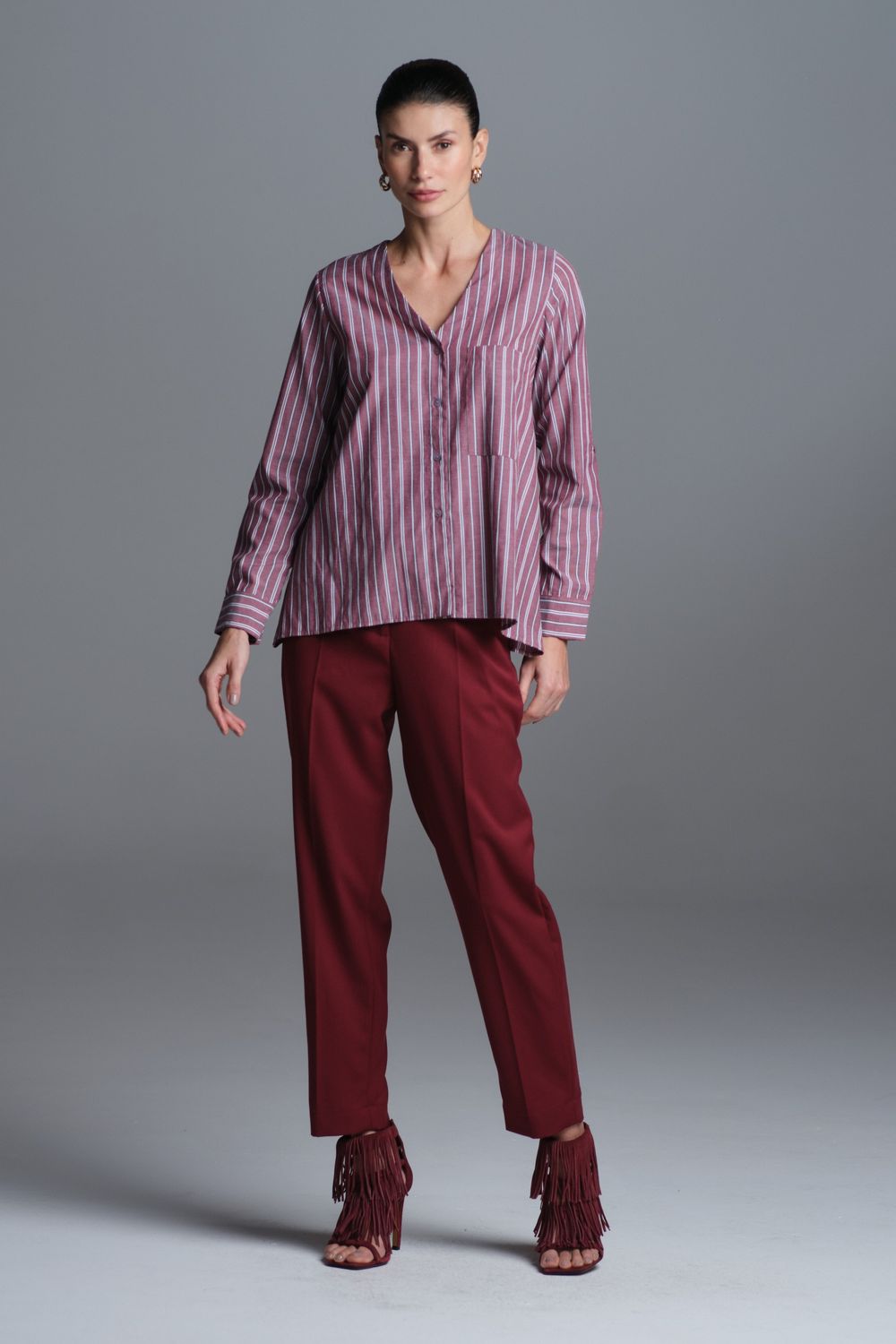 Camisa Ampla Tricoline Listra Vinho Silvia CB