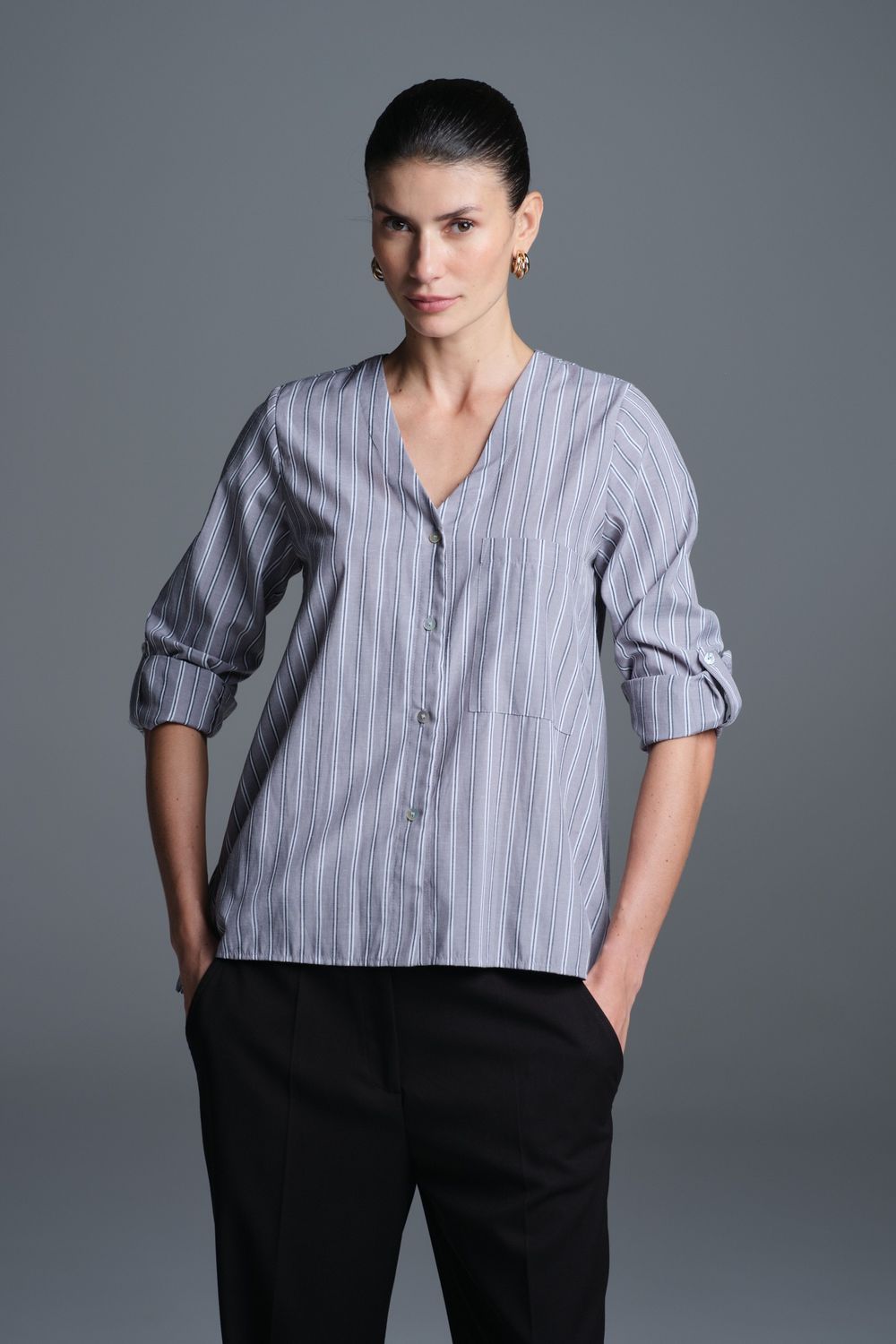 Camisa Ampla Tricoline Listra Cinza Silvia CB