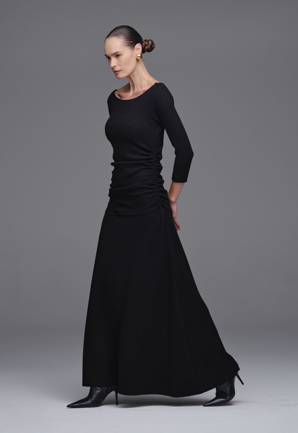 Vestido Drapeado Malha Boucle Preto Paula 