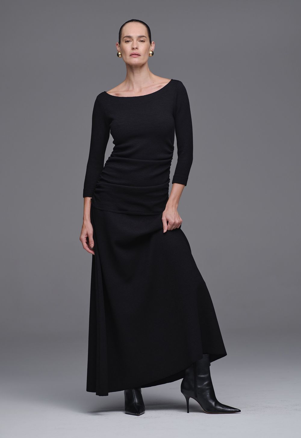 Vestido Drapeado Malha Boucle Preto Paula 