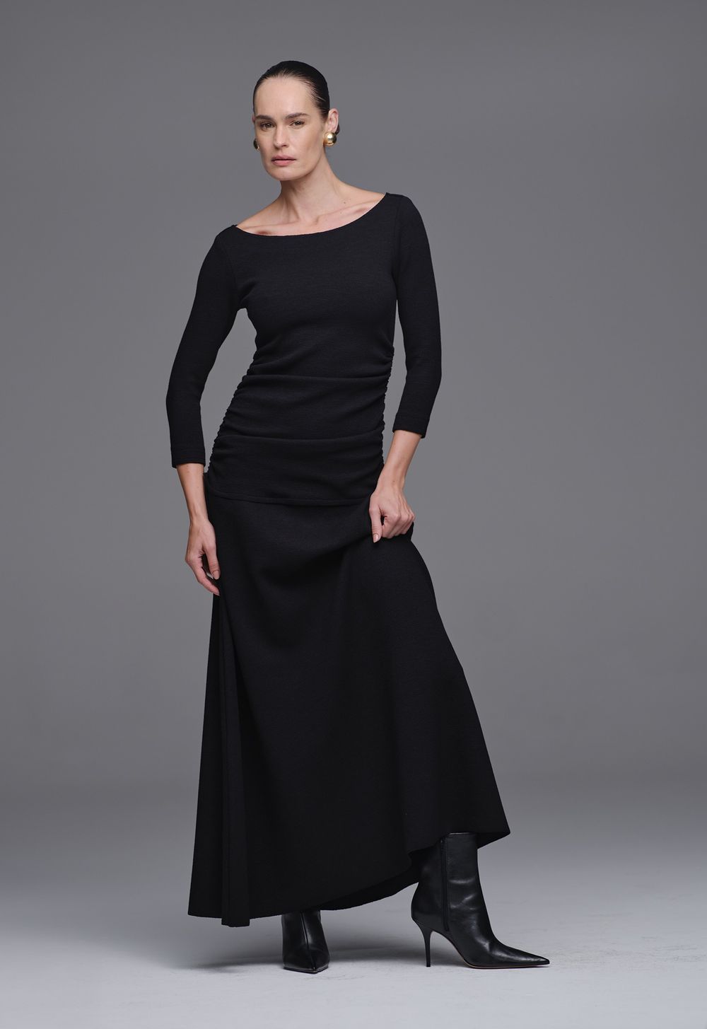 Vestido Drapeado Malha Boucle Preto Paula 