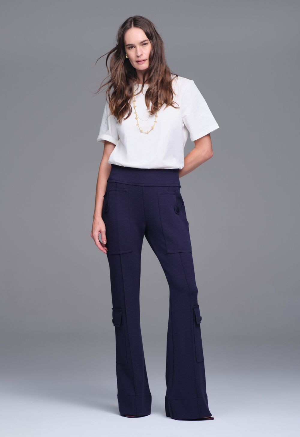 Calça Ampla Malha Boucle Marinho Lilly 