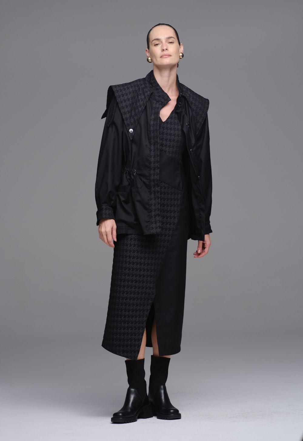 Parka Jacquard  Pied Coq Preta Flávia