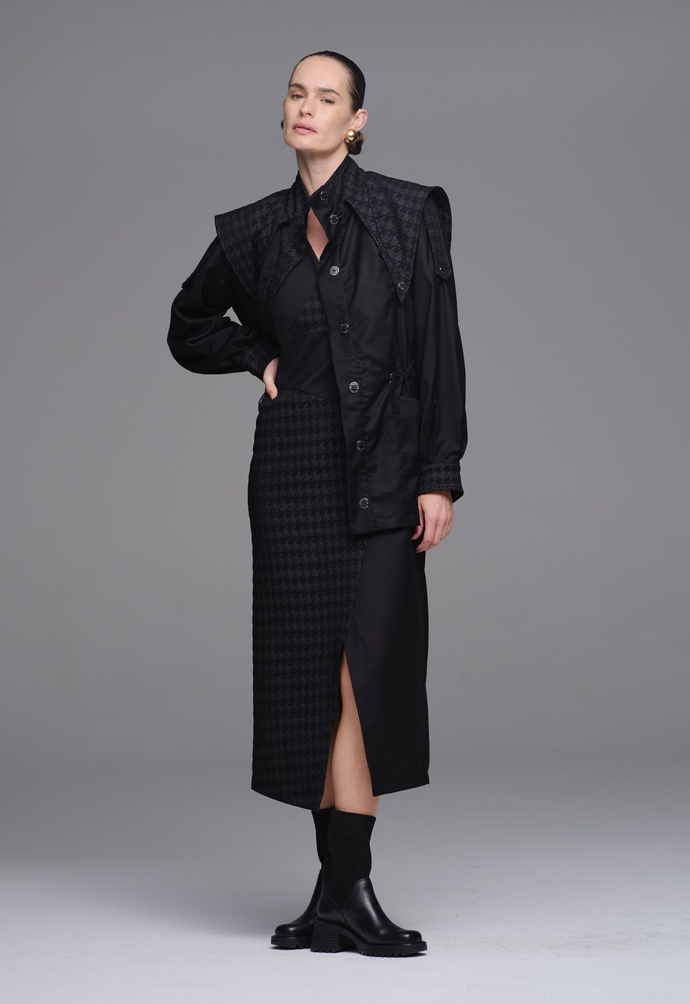 Parka Jacquard  Pied Coq Preta Flávia