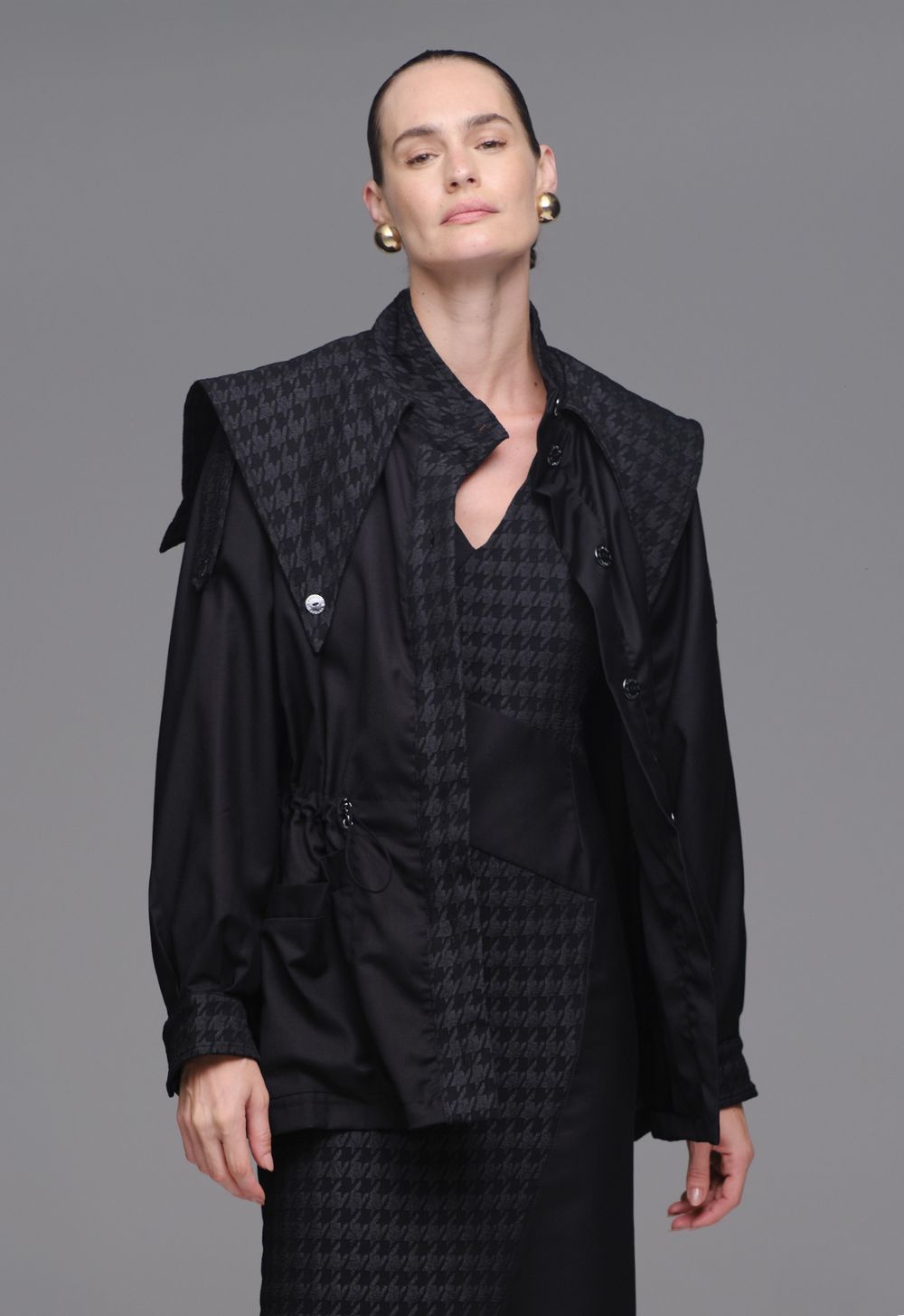 Parka Jacquard  Pied Coq Preta Flávia