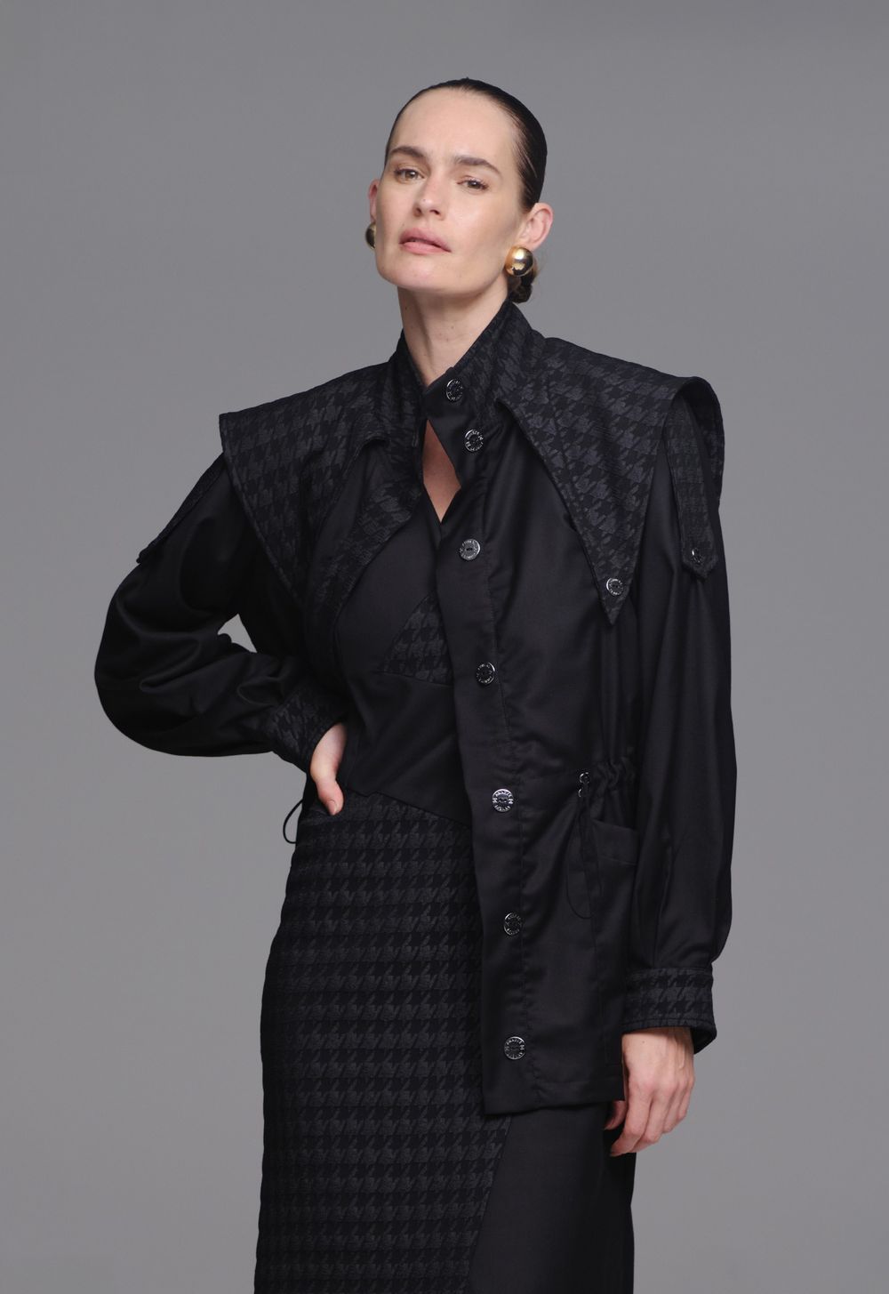 Parka Jacquard  Pied Coq Preta Flávia