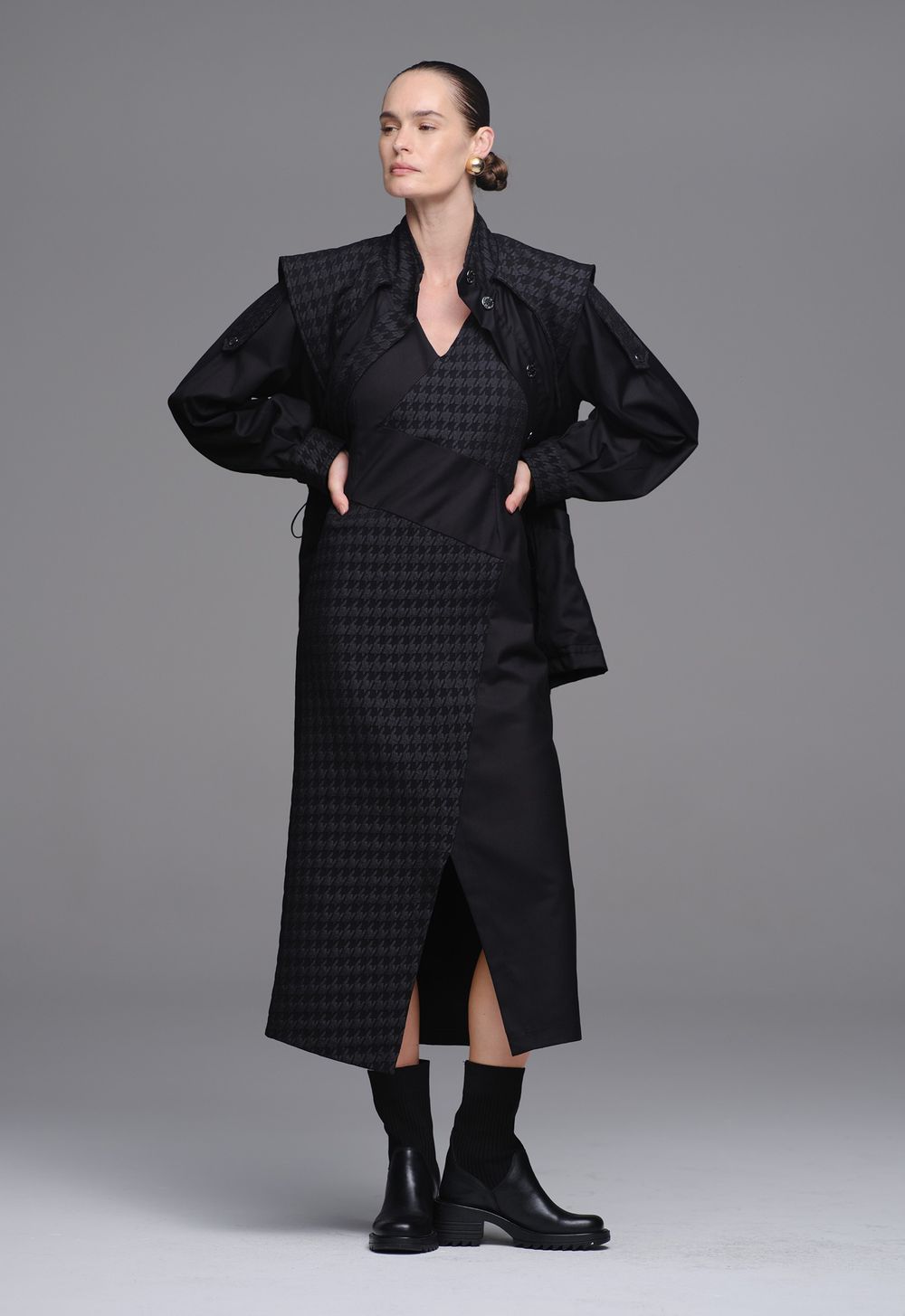 Parka Jacquard  Pied Coq Preta Flávia