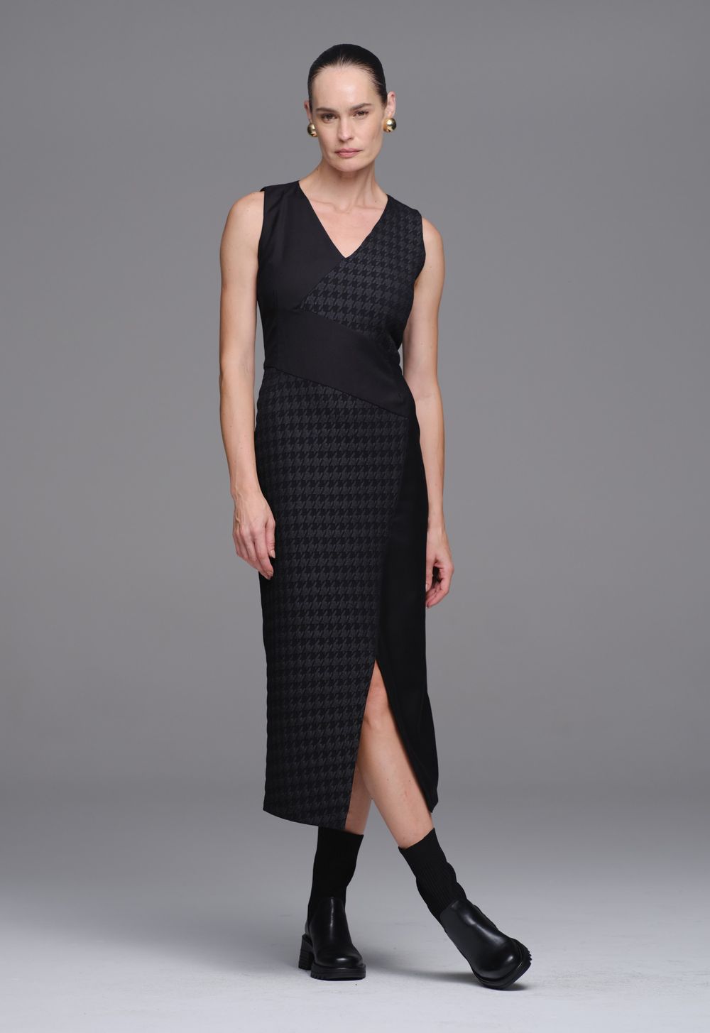 Vestido Jacquard  Pied Coq Preto Flávia