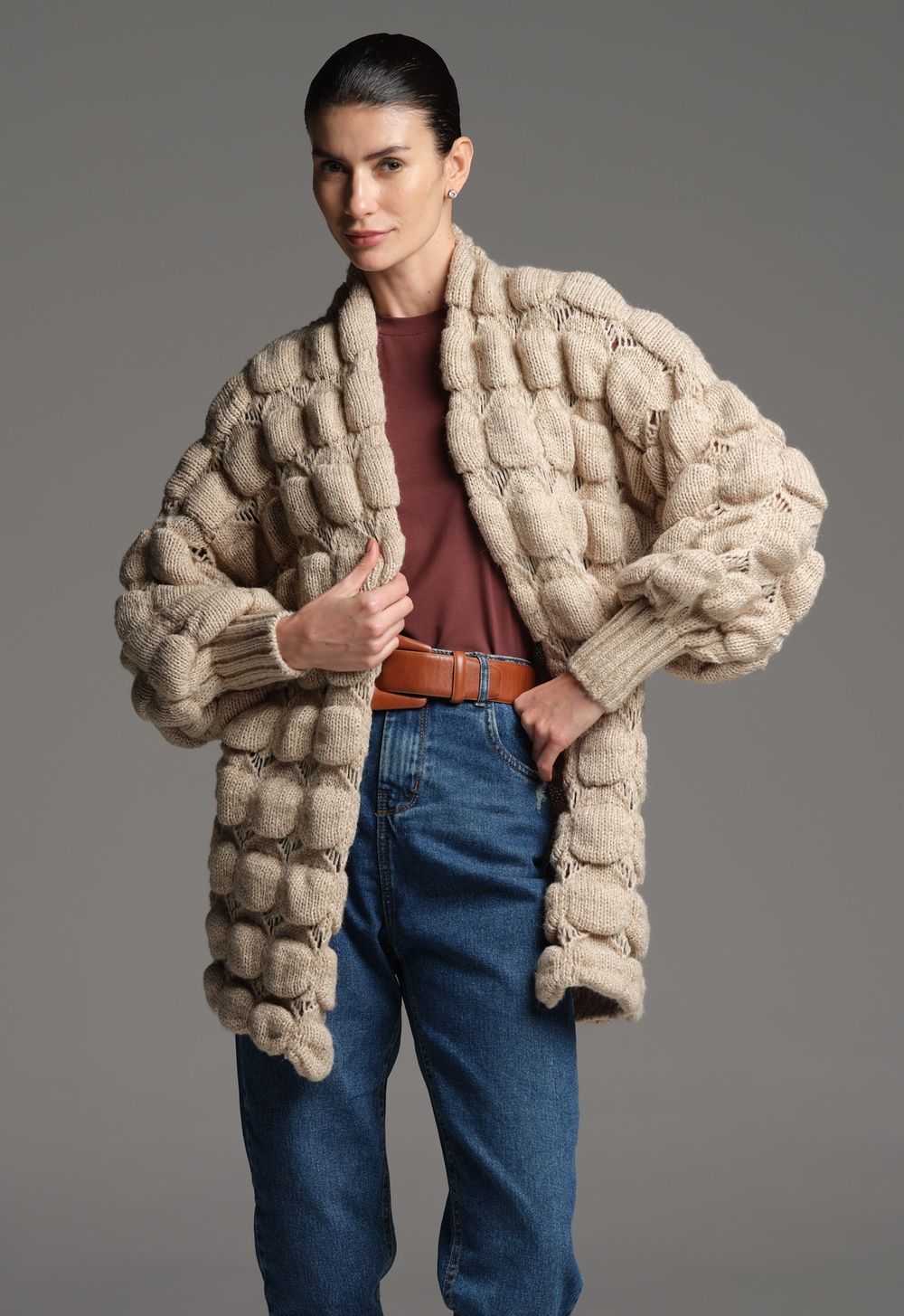Casaco de Tricot Oversized Areia Lilian