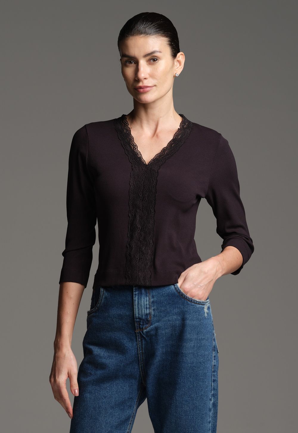 Blusa Malha com Renda Preto Lucia