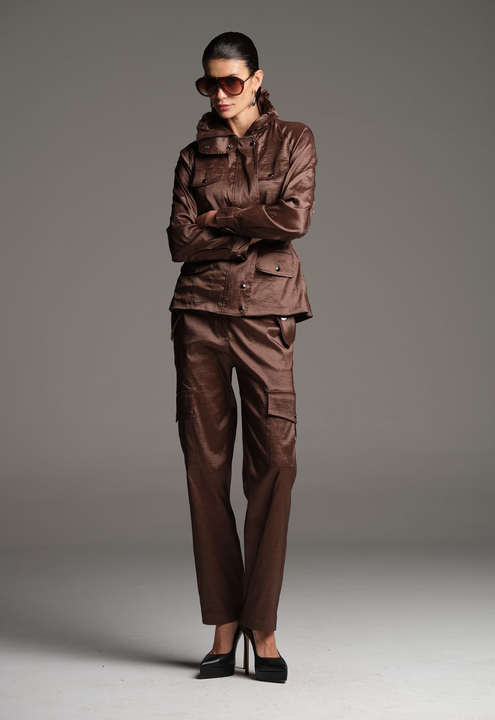 Calça Cargo Tafetá Chocolate Lorena