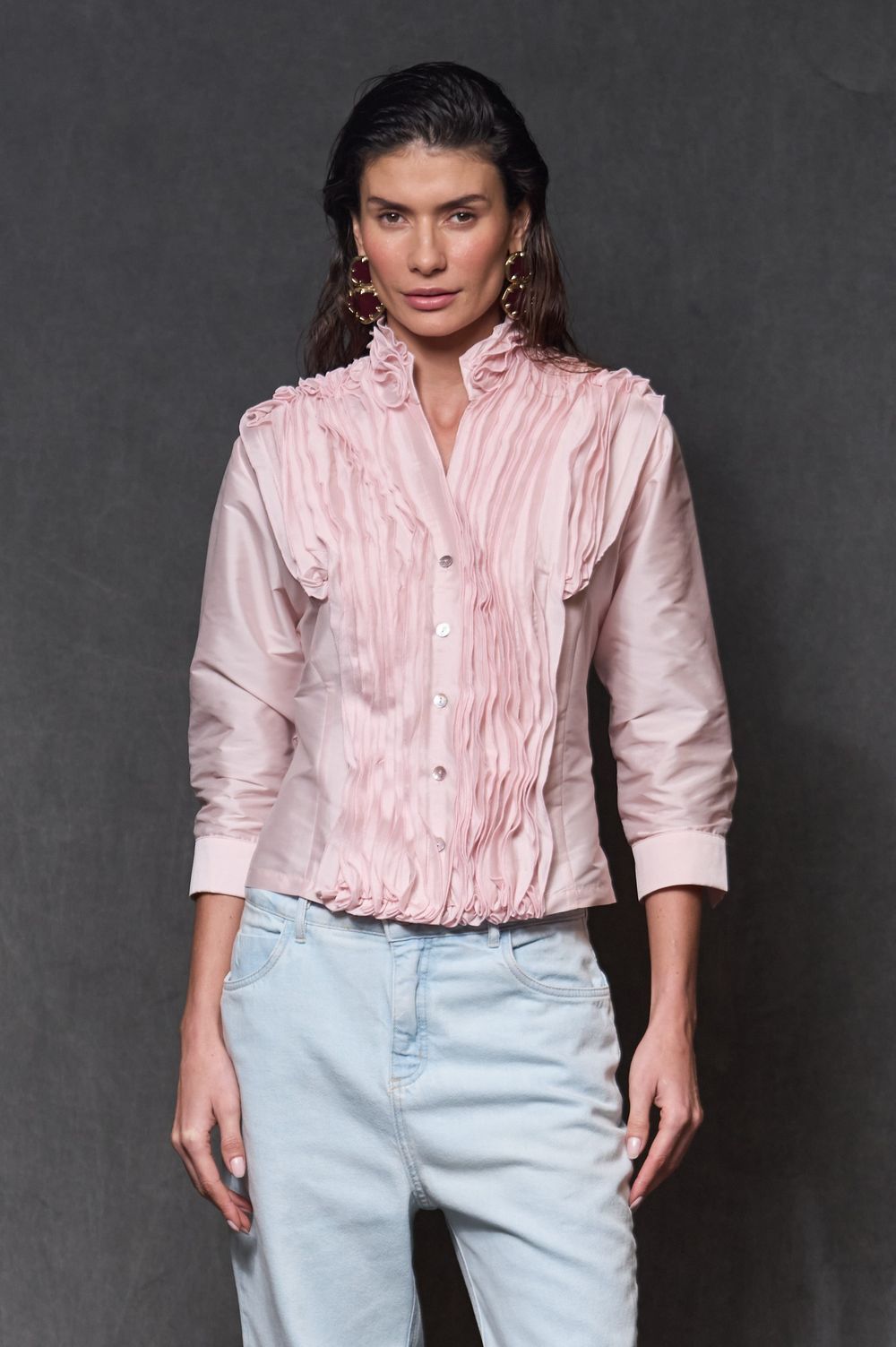 Camisa Jabô Tafetá Rosa Pó Carmela