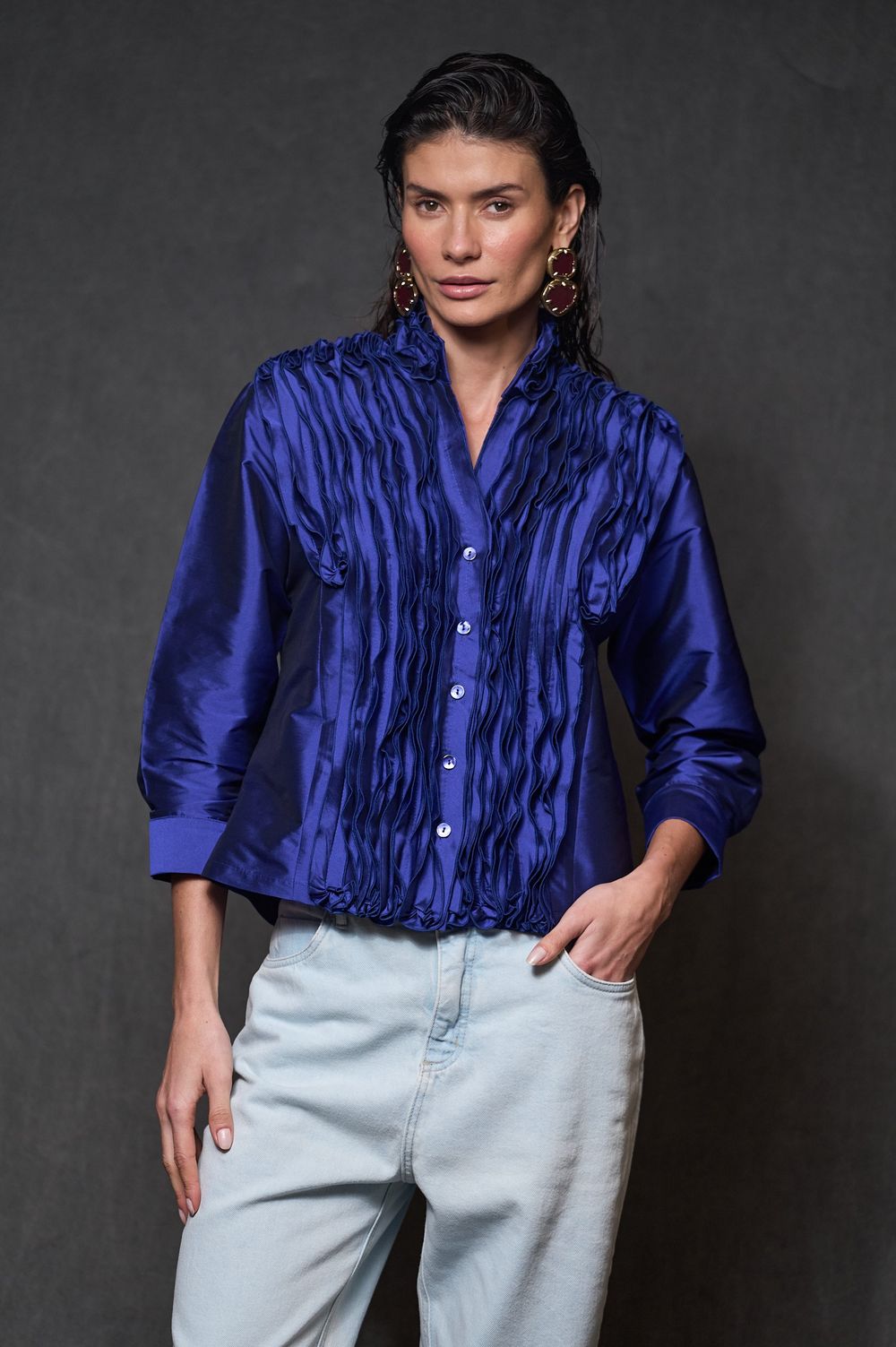 Camisa Jabô Tafetá Azul Carmela