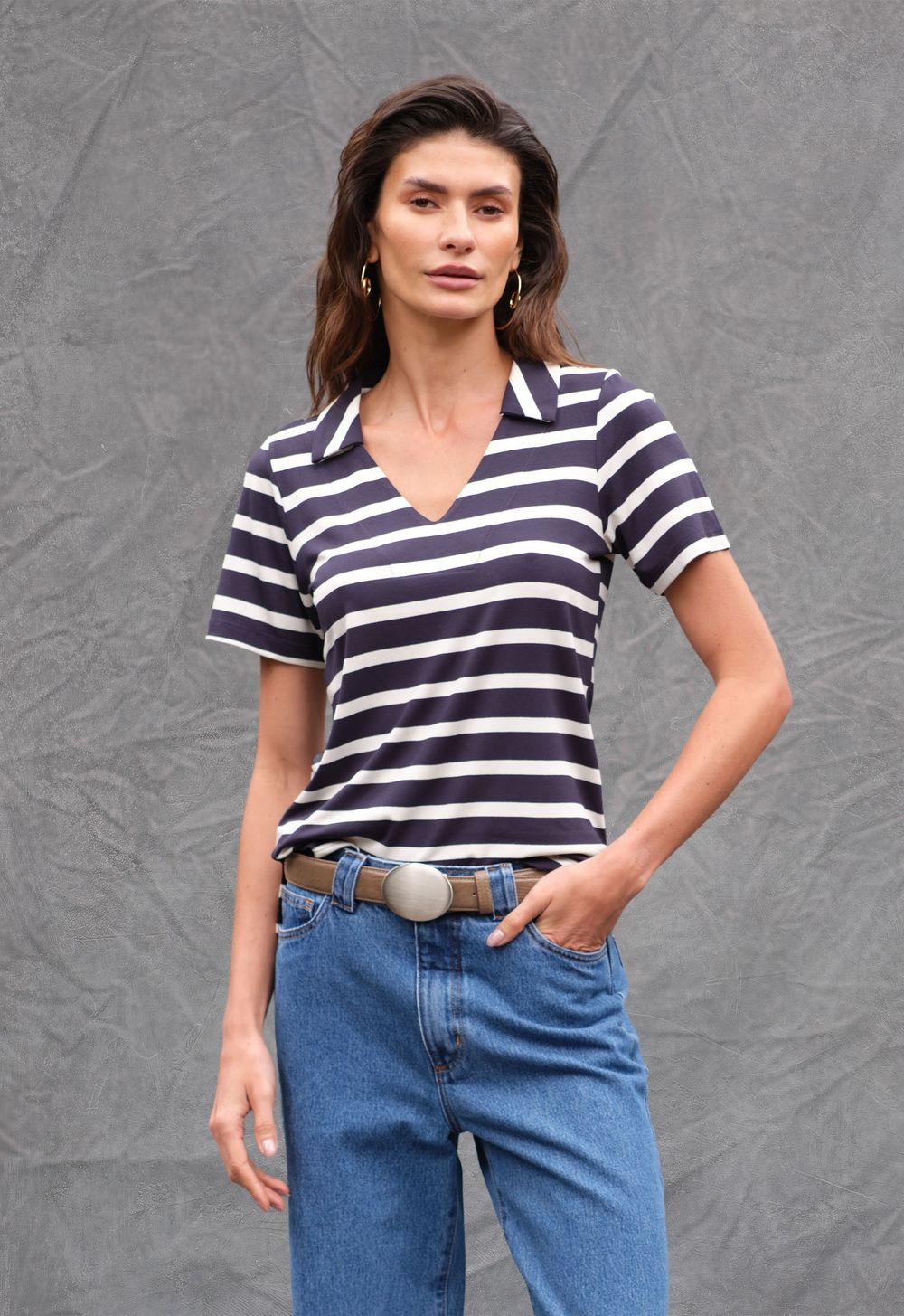 Blusa Polo Listrado Marinho Liah