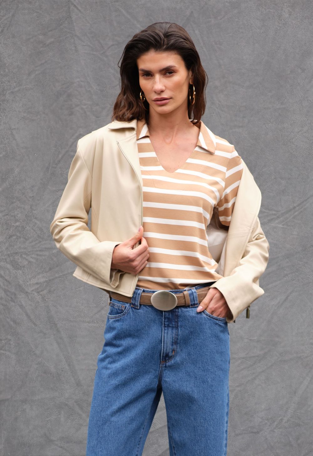 Blusa Polo Listrado Marfim Liah