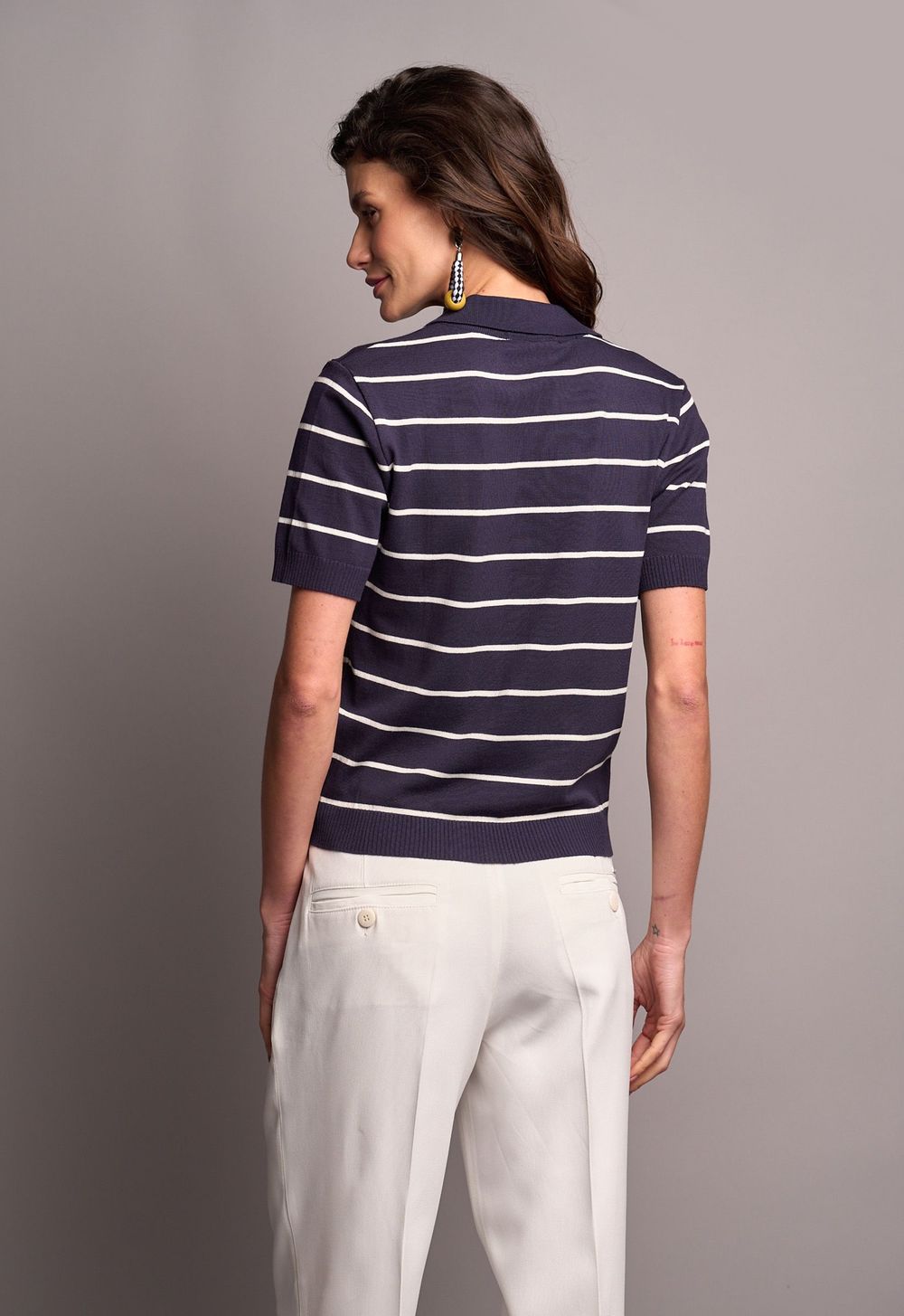 Blusa Polo Trico Listrado Marinho Daniela