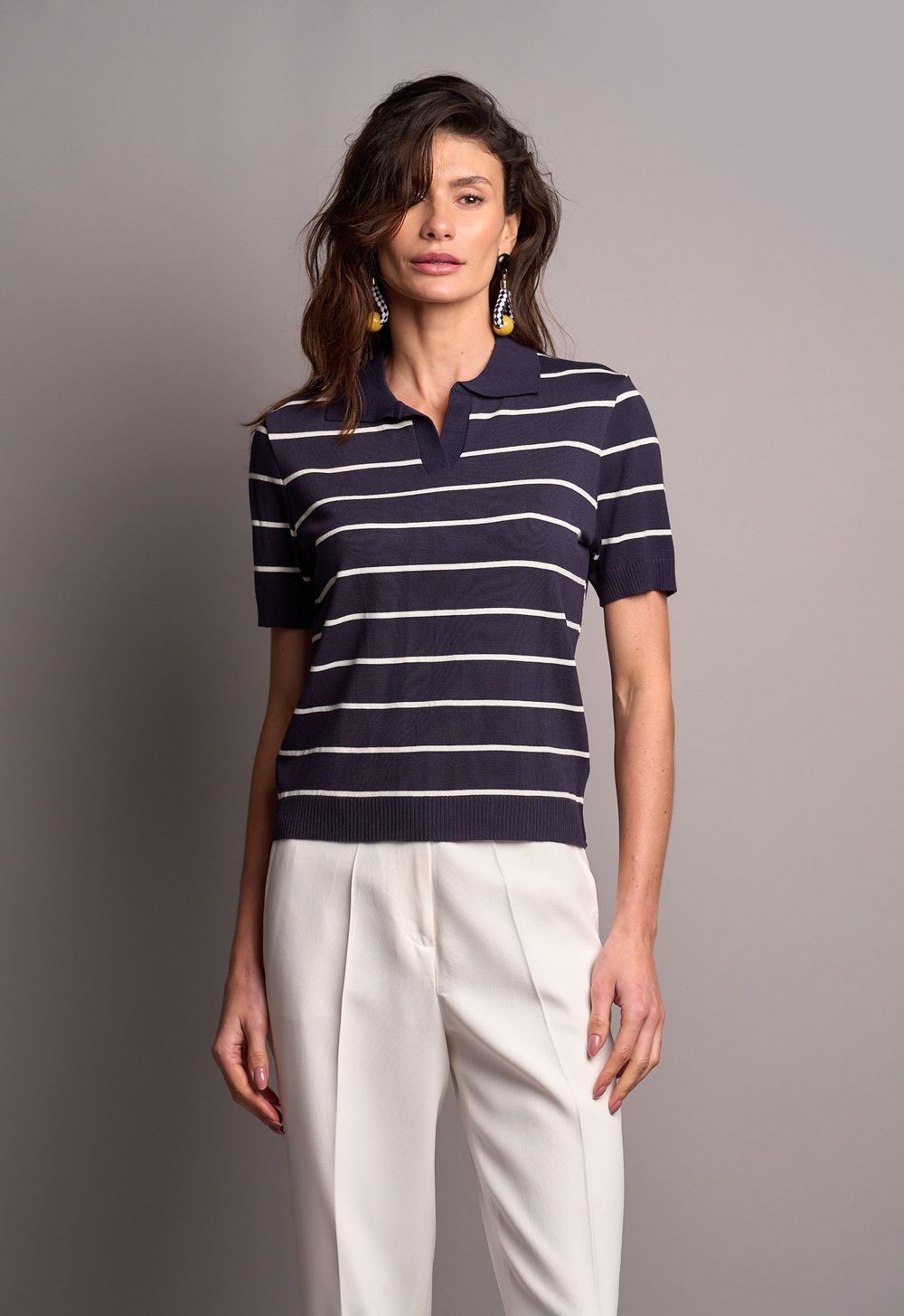 Blusa Polo Trico Listrado Marinho Daniela
