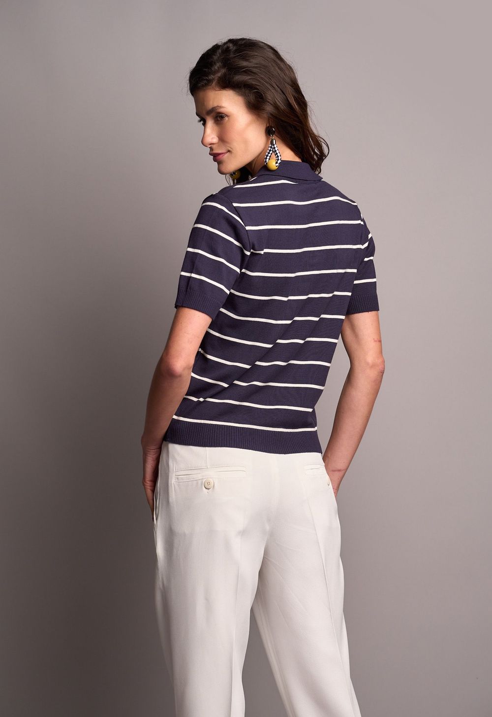 Blusa Polo Trico Listrado Marinho Daniela