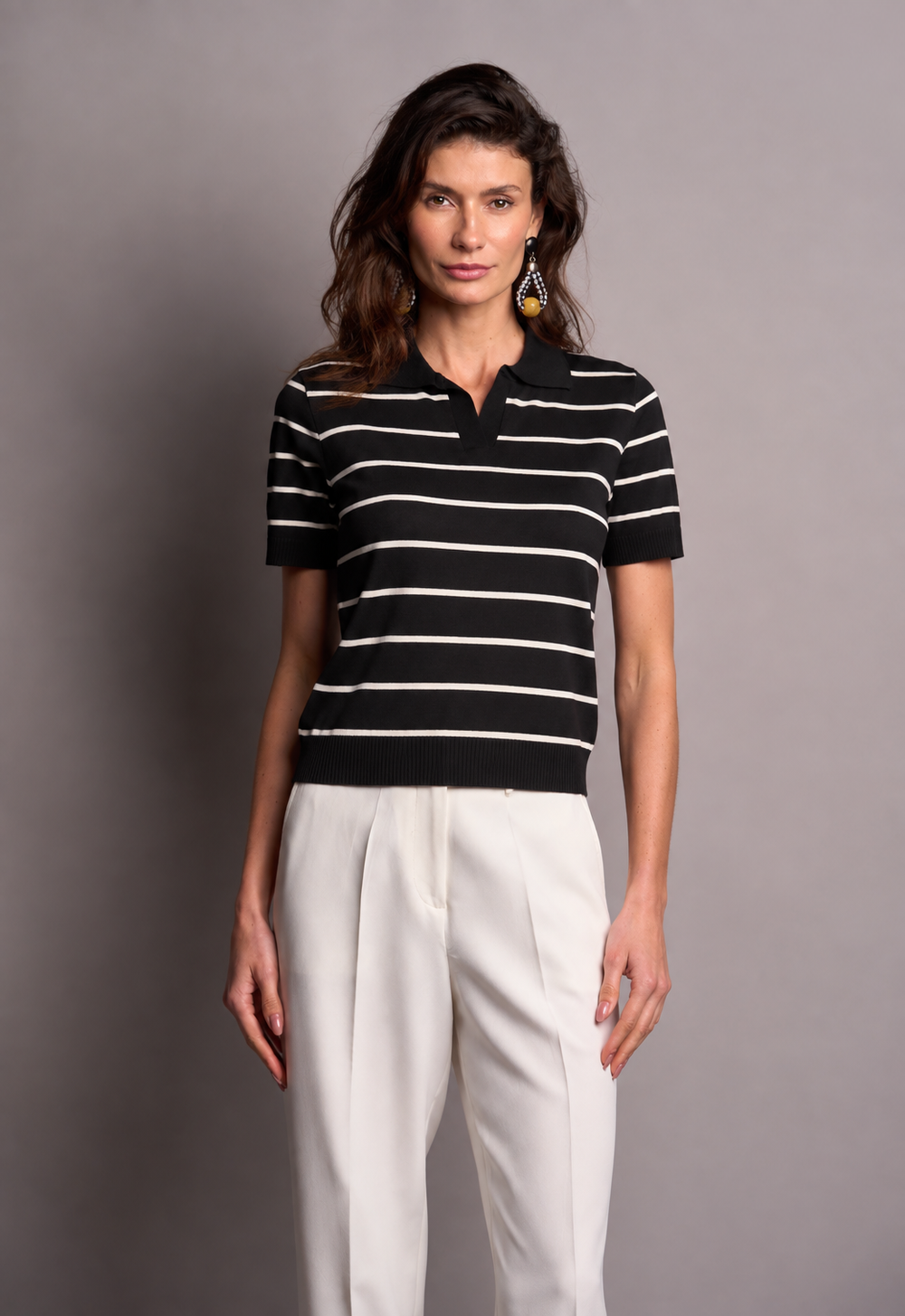Blusa Polo Trico Listrado Preto Daniela