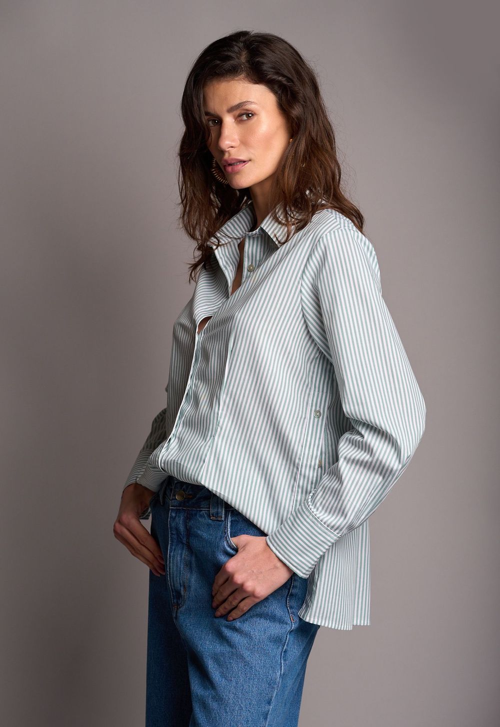 Camisa Tricoline Listra Verde Vivian
