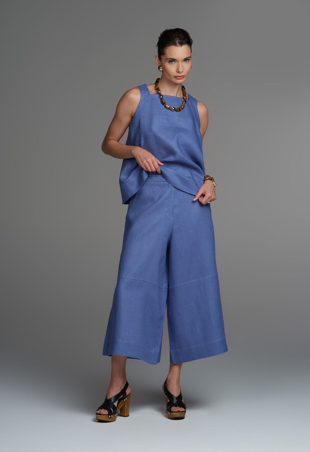 Calça Cropped Linho Azul Jeans Ully