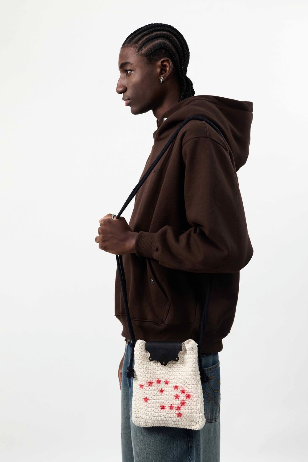 Bolsa Lateral em Crochê e Couro Off White - Feito à Mão