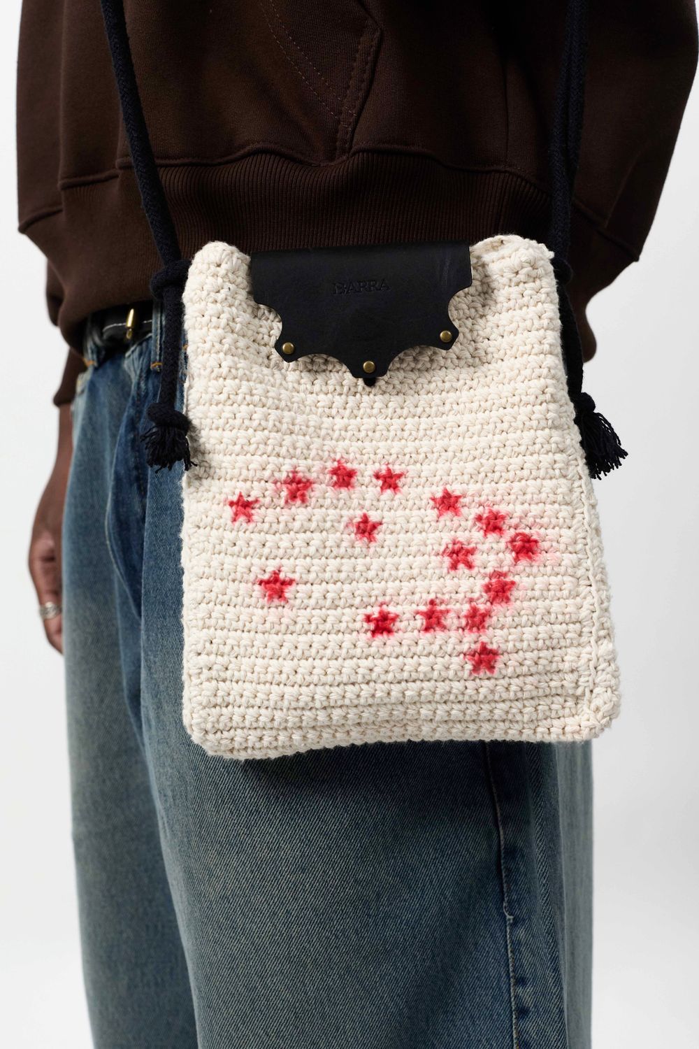 Bolsa Lateral em Crochê e Couro Off White - Feito à Mão