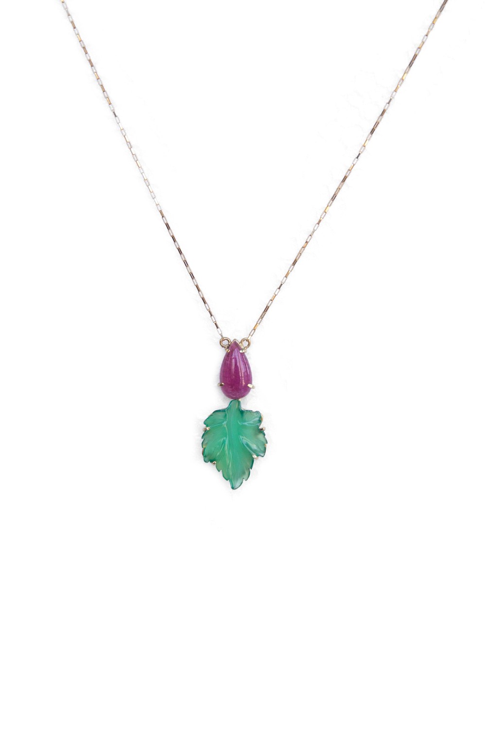 COLAR FOLHA TURMALINA ROSA E AGATA VERDE OURO 18K