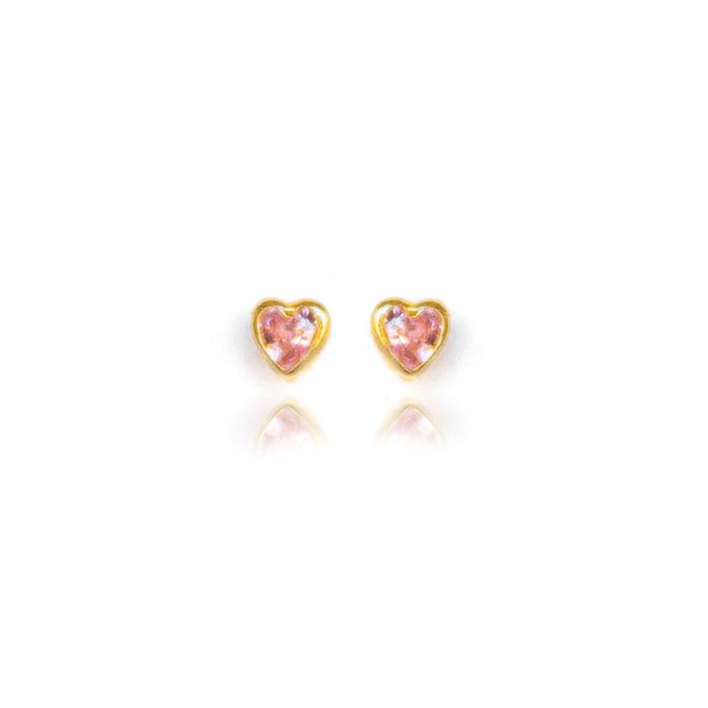 BRINCOS INFANTIL CORAÇÃO ZIRCONIA ROSA 3MM OURO 18K