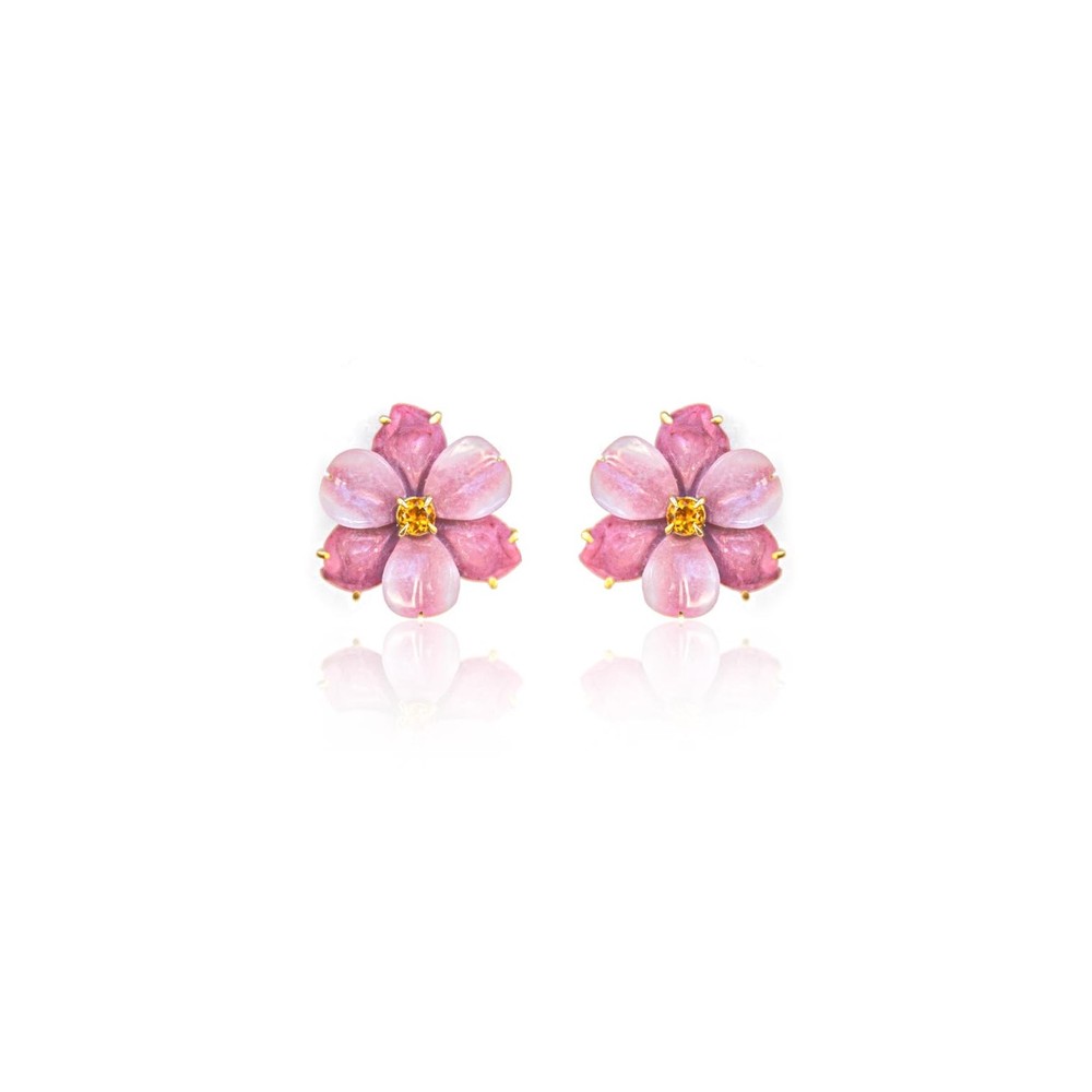 BRINCOS FLOR JADE ROSA CITRINO OURO 18K