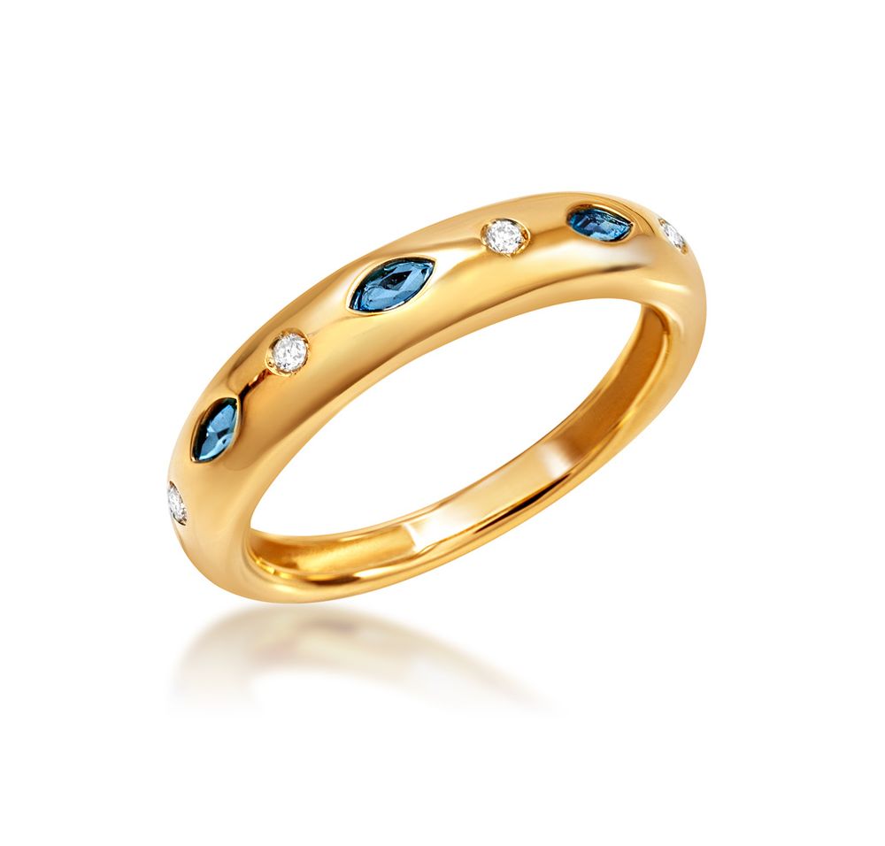 Anel tipo aliança ouro 18k, topázio london blue navete e brilhantes