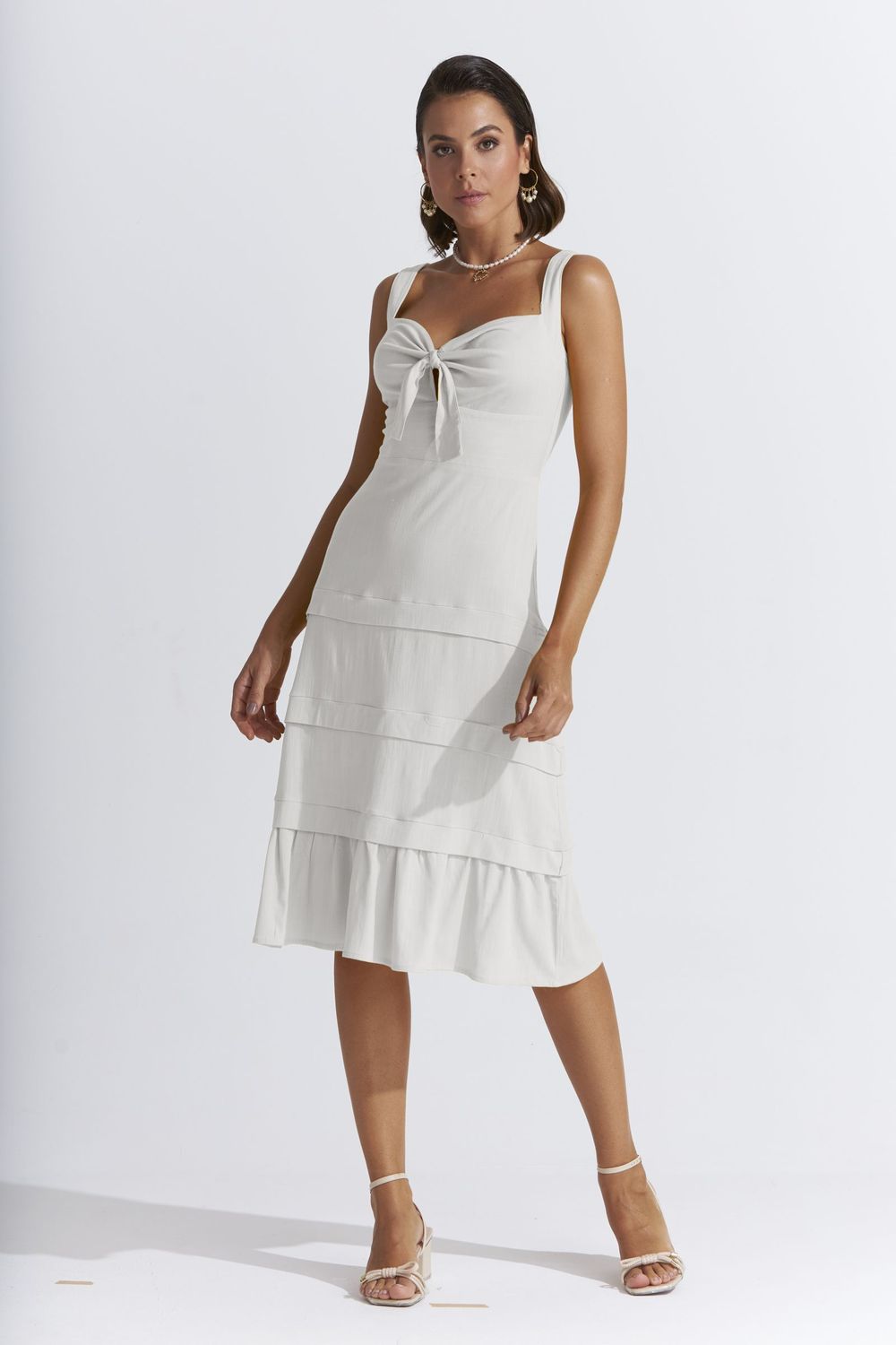 VESTIDO MIDI LISO SLUB COM PREGAS