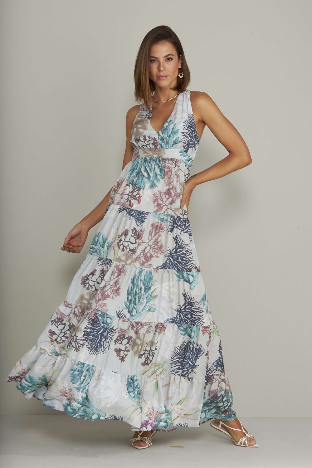 VESTIDO LONGO CORAL C/ DECOTE V