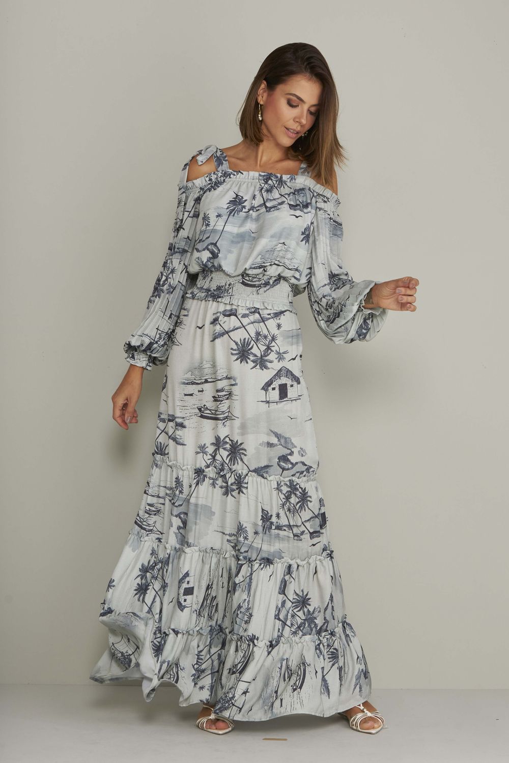 VESTIDO LONGO VILAREJO C/ MANGA PLISSADA