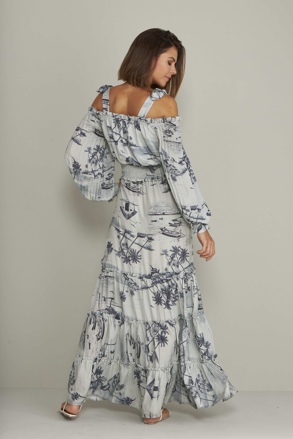 VESTIDO LONGO VILAREJO C/ MANGA PLISSADA
